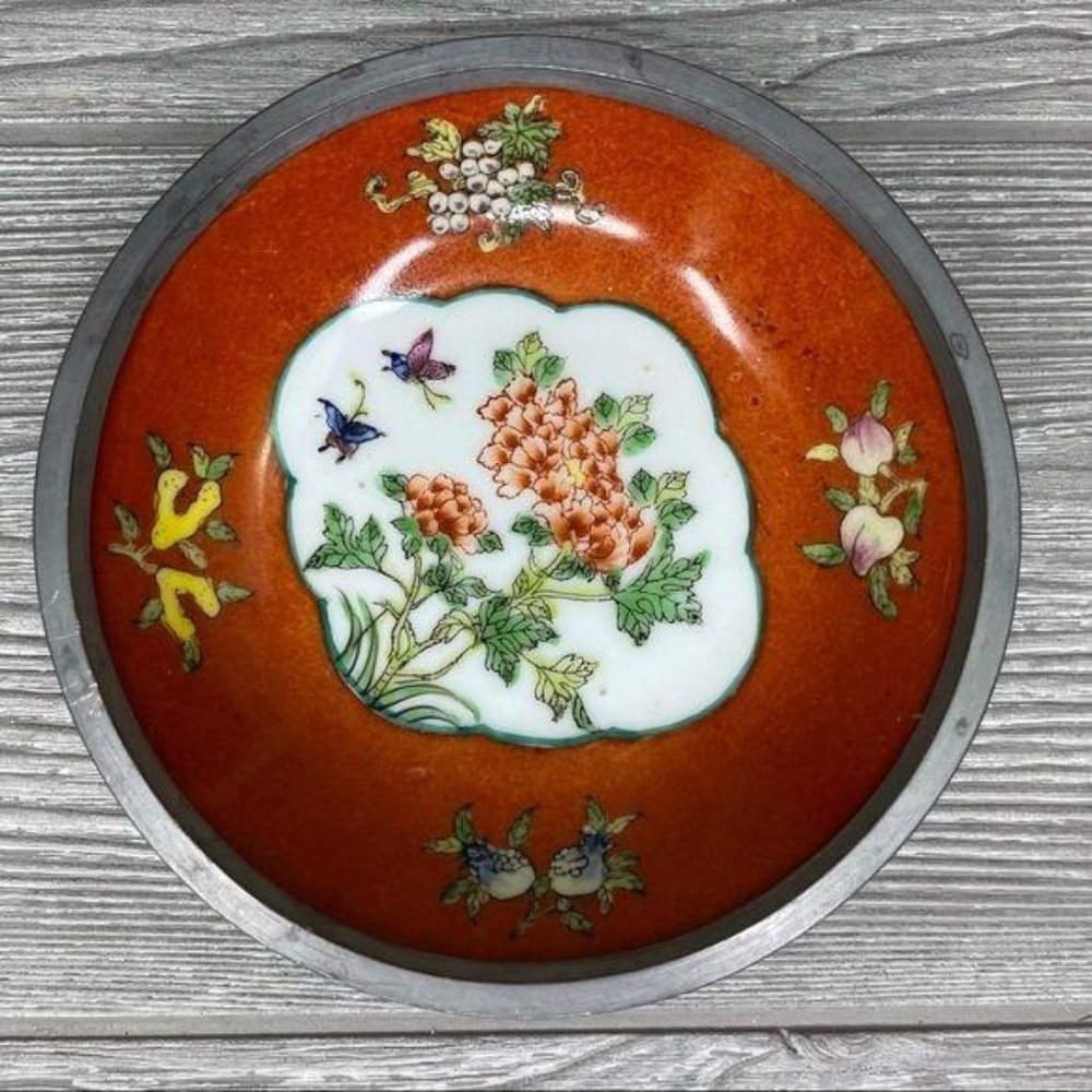 Japanese Canton Ware porcelain pewter ashtray trinket dish jewelry bowl
